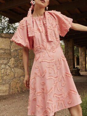 Misook Fringe Embroidered Puff Sleeve Dress – Size Large